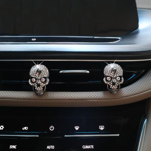 Image of ORIESSE Skull Car Decor 2pcs Bling Skull Car Air Fresheners Vent Clips Black Silver Lightning Skeleton Goth Accessories for Teens Horror Refillable Essential Oil Diffusers