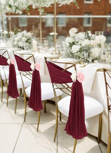 REWOMC 50 PCS Cheesecloth Chair Sashes, 15.7x70 inch Bows Designed Chair Sashes, Chair Cover Chair Sashes Decorations, Universal Chair Decoration for Wedding Reception Banquet Party (Burgundy) - Thumbnail 6