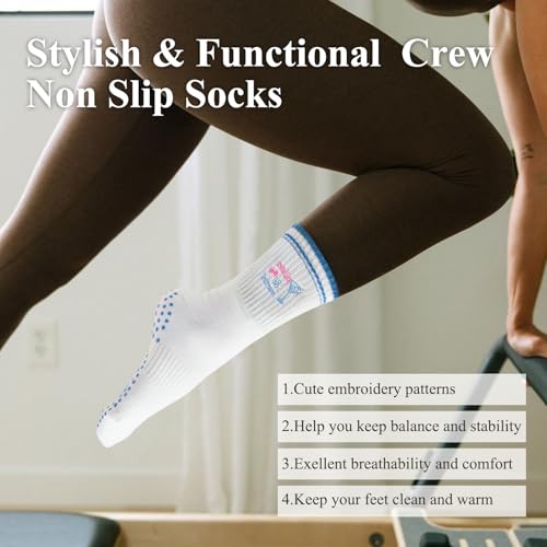 Image of Toes Home Pilates Socks for Women with Non Slip Grippers, Yoga Crew Socks for Barre Hospital Sticky Slipper Socks 4 Pairs