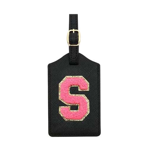 Initial Luggage Tag, PU Leather Luggage Tag, Embroidered Luggage Tag, Letter Luggage Tag, Monogrammed Luggage Tag, Luggage Tag for Baggage Bag Suitcase (S, Black Leather+Rose Red Letter)