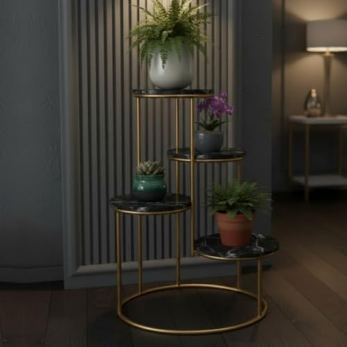 Image of Modern 4-Tier Plant Stand Indoor Metal & Wood | 60 cm Tall Multi-Level Flower Pot Stand | Heavy Duty Corner Plant Rack for Living Room, Balcony, Garden | Decorative Plant Holder for Indoor Use (Black Gold)