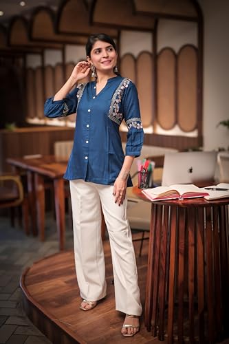 Image of Women's Viscose Rayon Embroidered A-Line Short Kurti Above Knee Regular Fit Tunic Top Office Wear Casual short kurti for women | office wear top | A-line kurti | raksha bandhan gift dress for women