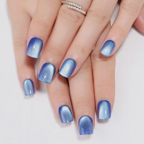 evpct Blue Cat Eye Extra Short Press on Nails Square, Petite Shor...