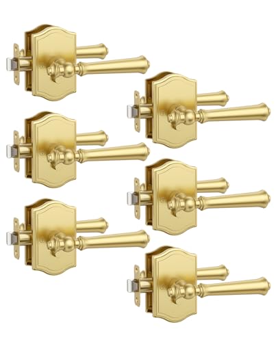 Asidrama 6 Pack Gold Privacy Door Handles Brush Gold Door Lever with Door Knobs Indoor for Bedroom or Bathroom Heavy Duty Door Handles Interior with Locks for Left Right Sided Doors ZR19-262