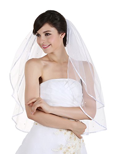 2T 2 Tier 1/4" Ribbon Edge Rhinestone Crystal Bridal Wedding Veil - Ivory Elbow Length 30"