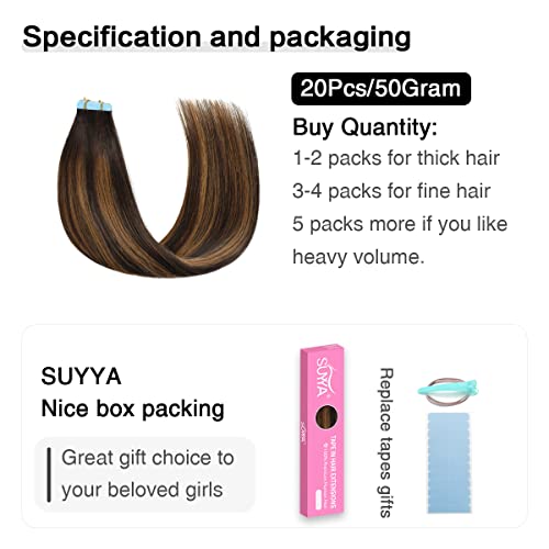 Image of SUYYA Tape In Hair Extensions Human Hair 18 Inch #P2 /8 /T2 Brown Balayage | Remy Human Hair, Invisible Skin Weft, Straight Hair, 20PCS 40G, Darkest Brown to Light Brown Balayage, Added Length & Volume