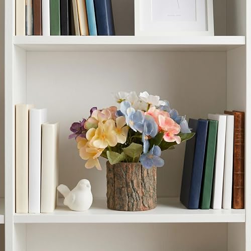Image of Dekorly Artificial Multicolor Hydrangea Flower with Real Wooden Planter Vase (22CM) | Lifelike Faux Floral Arrangement for Home, Office & Table Decor (Hydrangea Floral)