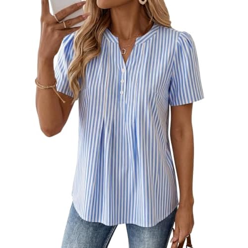 LOMON Womens Summer Tops Boho V Neck Pleated Blouses Dressy Casual Short Sleeve Shirts Vacation Outfits