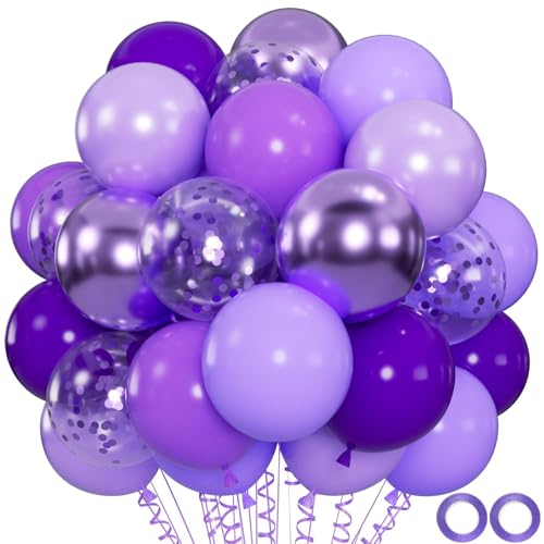 100pcs 12inch Metallic Chrome & Lavender Lilac Balloons with Confetti