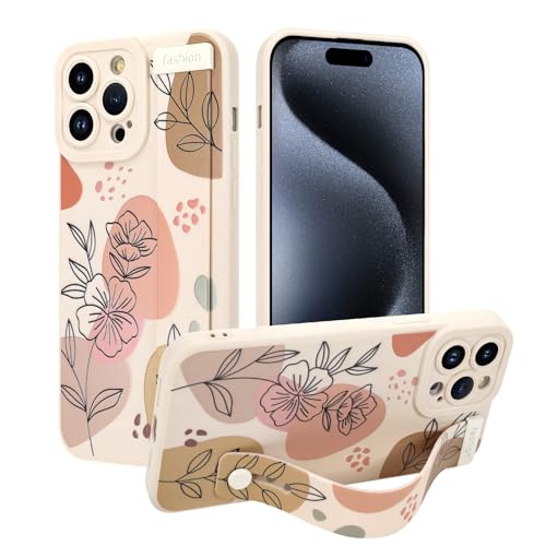 Jefonha Case for iPhone 15 Pro Max Silicone Case with Strap for Women Girls Cute Floral Flowers Pattern Design Adjustable Soft Finger Strap Kickstand Protective Cover, Beige