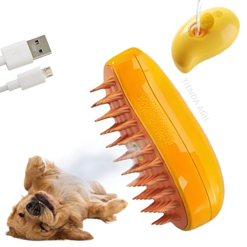 Image of Hair Brush for Pets with Steam Function, Soft Rubber Bristles, Water or Essential Oil Reservoir, Non-Slip Grip, Easy Cleaning, for Dogs and Cats (Yellow)