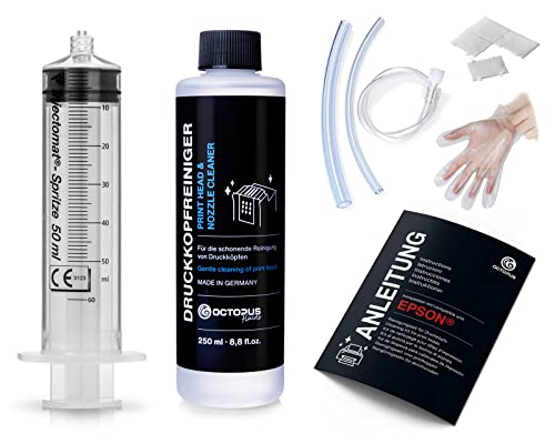 Octopus Nettoyeur de Buses, Nettoyeur de têtes d'impression Compatible avec Les têtes d'impression Epson avec adaptateurs pour tuyaux (250 ML)