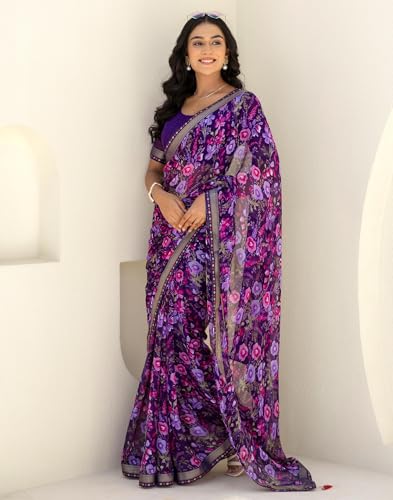 Image of SIRIL Women's Chiffon Printed Saree With Unstitched Blouse Piece