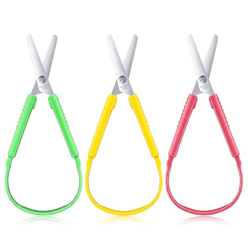 LIQWEI 3 tijeras de bucle, 14 cm, diseño adaptativo, tijeras de apertura automática, juego de tijeras coloridas para niños, soporte derecho e izquierdo para niños y adultos (rosa, amarillo, verde)