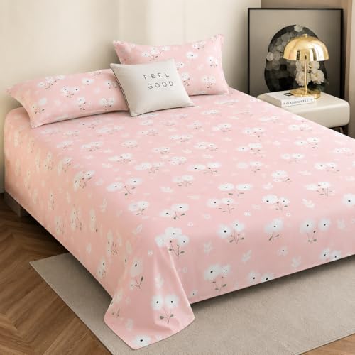 Image of Cotton Feel King Size Flat Bedsheet for Double Bed (90 x 100 Inches | 230 x 250 cm) with 2 Pillow Covers | Soft & Smooth Printed Bedsheet for Daily Use (PinkFlowers, King Bed-90x100)