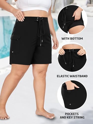 FOREYOND Women's Plus Size Board Shorts Quick Dry Swim Shorts High Waisted Swim Pants with Pockets Liner Trunks3