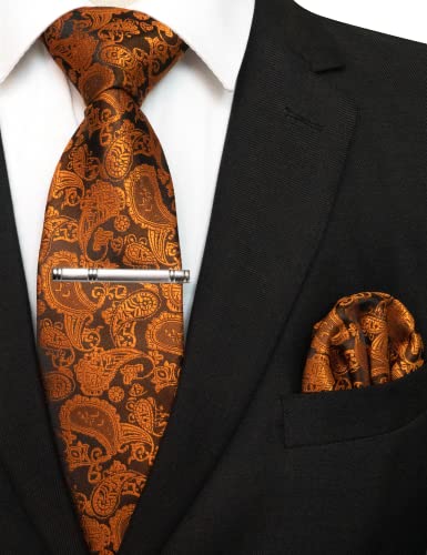 Image of JEMYGINS Mens Solid Color Paisley Necktie and Pocket Square with Tie Clip Sets