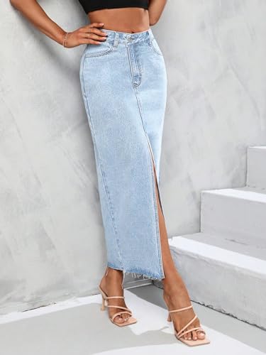 Women's High Waist Stretch Maxi Denim Skirt Front Split Frayed Raw Hem A line Casual Long Jean Skirt4