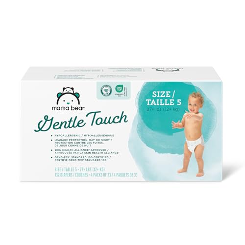 Amazon Brand – Mama Bear Gentle Touch Diapers, Hypoallergenic, Size 5, 132 Count (4 packs of 33), White