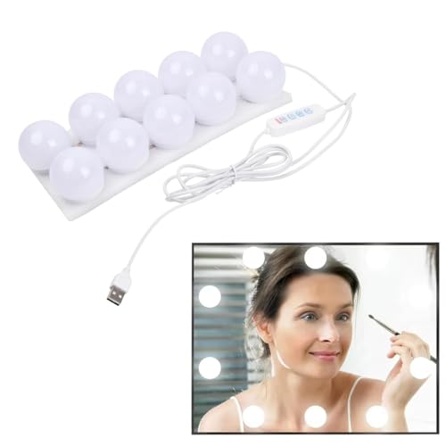 Vanity Mirror Lights, Makeup Light, Hollywood Style Lighting Kit, LED Vanity Mirror Light, 10 Bulbs, Three Color Changes and 10 Brightness Dimming with USB Cable for Dressing Table, Bathroom, Bedroom