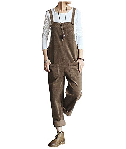 Ladyful Women's Corduroy Bib Overalls Jumpsuit Romper Pant Trouser Khaki