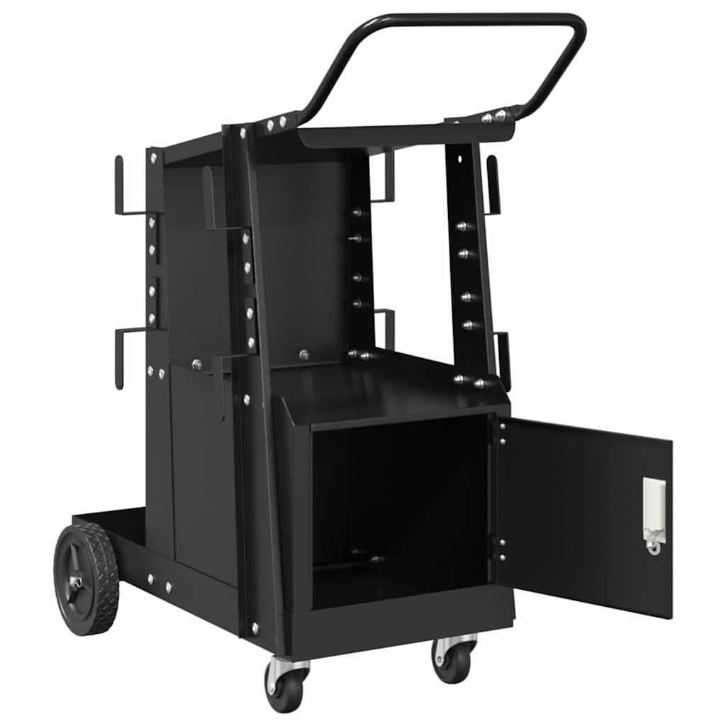 Carro de soldadura profesional de acero con armario con cerradura y ruedas de 360 grados, robusto carro de soldadura negro en acero estable para taller y garaje.