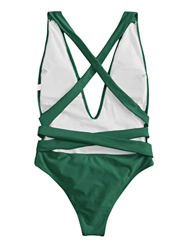 Image of Lilosy Sexy Tie Criss Cross Plunge One Piece Thong Swimsuit High Cut Brazilian Bathing Suit