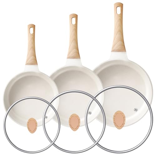 RIOVARM Antiaderente Set di padelle con coperchi Induzione Set di padelle con manico resistente al calore In granito Padella per omelette senza PFOA In marmo Set di pentole 20cm 24cm 28cm