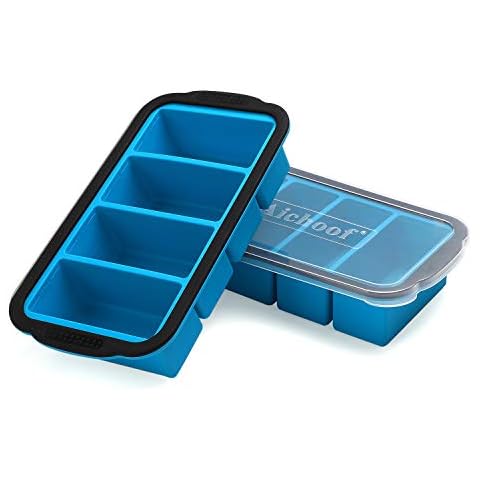 1 Cup Extra Large Silicone Cube Freezing Trays with lid for soup,broth,sauce or butter, Silicone Freezer Container Molds Soup Trays -makes four great portions 1cup Cube(2 PACK, Blue) Cover