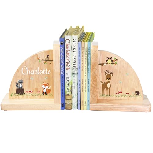 My Bambino Personalized Woodland Animal Bookends Natural Wood for Children's Books Animal Nursery | Baby Shower & Nursery Gift