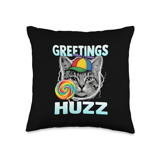 Greetings Huzz Funny Lollipop Cat Meme Throw Pillow