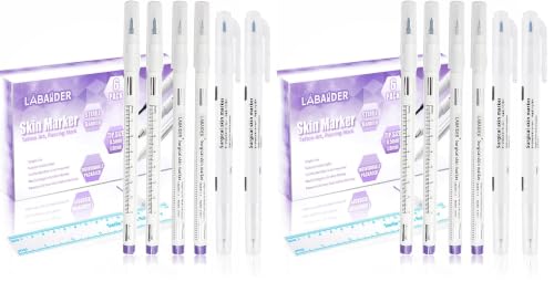 Image of LabAider 6Pcs Professional Surgical Tip Skin Marker Pen Sterile Tattoo Stencil Markers Pen with Paper Ruler for Eyebrow, Lips - Individually Wrapped (0.5MM&1MM) (Pack of 2)