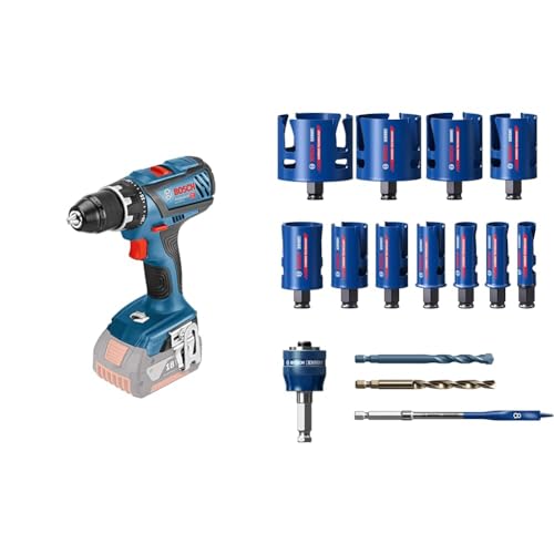 Bosch Professional 18V System Akku Bohrschrauber GSR 18V-28 (max. Schrauben-Ø: 8 mm, ohne Akkus & Ladegerät) + 15 tlg. Expert Construction Material Lochsäge Set (für Weichholz, Ø 20-76 mm, Zubehör)