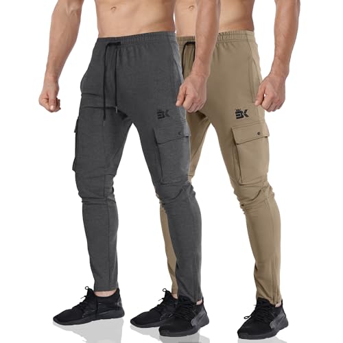 BROKIG 2 Pack Mens Cargo Gym Joggers Ankle Zip Tapered Slim Fit Trousers with Pockets X Large Dark Gray Beige