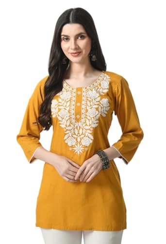 Image of LIBOZA Kurti for Women - Short Chikankari Kurtis for Girls, Lakhnawi Tunic Top Kurta Design for Ladies, Woman Ethnic Kurthis & Shirt with Sleeve