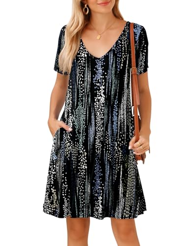 Image of JollieLovin Women T Shirt Plus Size Summer Swing Dresses Short Sleeve V Neck Loose Casual Dress(L-5X)