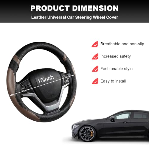 Image of Car Steering Wheel Cover, 15 Inch Premium Leather Breathable Non-Slip Wheels Wrap, Universal Auto Comfortable Steering Wheel Protector for SUV Truck Van, Car Accessories (Coffee)