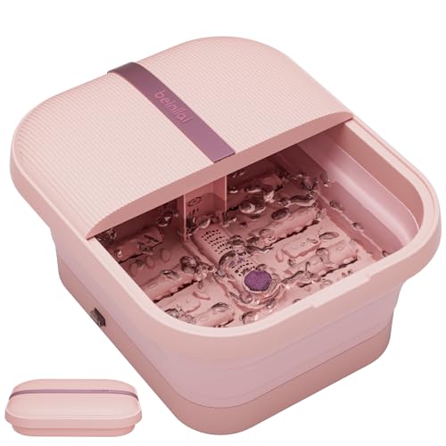 Beinilai Collapsible Foot Spa and Massager with Heater and Bubbles,Foot Bath with Six Massage Rollers,Vibration and Red Light,Foot Soak Tub with Pumice Stone(Pink)