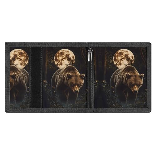 Grizzly Bear Walking Through Forests Trifold Wallets for Men with ID Window Thin Card Holder with Zipped Coin Pocket and Keychain4