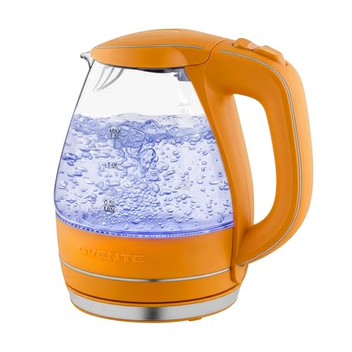 Image of OVENTE Electric Kettle, 1.5L Borosilicate Glass Countertop Water Heater and Boiler for Coffee or Tea, BPA-Free, Auto Shut-Off, Boil-Dry Protection, Removable and Washable Spout Filter, Orange KG83O