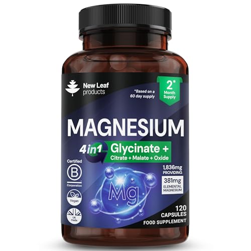 Magnesium Glycinate 4-in-1 Complex 1836mg 381mg Elemental Per Serving High-Strength Magnesium with Bisglycinate Citrate Malate Oxide 120 Vegan Capsules UK Manufactured by New Leaf