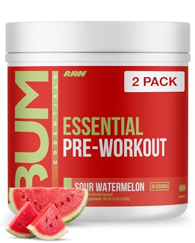Image of RAW Essential Pre-Workout Powder (Sour Watermelon) - Chris Bumstead Sports Nutrition Supplement for Men & Women - Preworkout Energy Powder with Caffeine, L-Citrulline & Beta Alanine Blend - 2-Pack