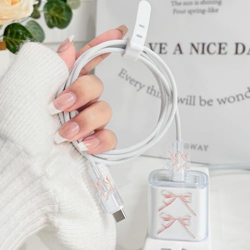 Protector de cargador iPhone lazo rosa funda transparente para cable tipo C de 20W 5
