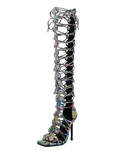 Image of STUPMARY Women Peep Toe Sandals Cut-outs Cross-tied Lace Up High Heeled Gladiator Sandals Zipper Over The Knee Bootie Summer