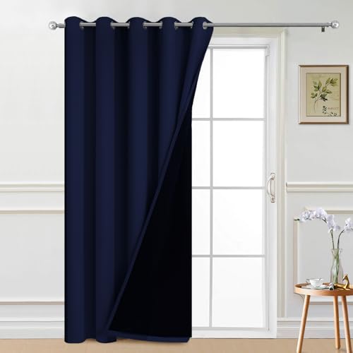 Image of Yakamok Navy Blue Blackout Patio Door Curtain Panels W70 x L84, 1 Panel | Noise Reducing Barrier Panel for Sliding Glass Door, 2 Thick Layers Heat Full Light Blocking Patio Door Drapery