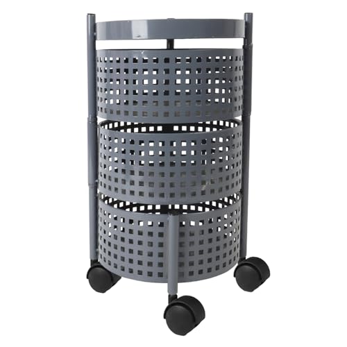 Image of 3-Tier Kitchen Carbon Steel Storage Rack - Grey | Durable & Sturdy Cart Organizer for Home & Kitchen | Vegetable, Fruits & Pantry Corner Rack | Multi-Layer Round Rack with Wheels