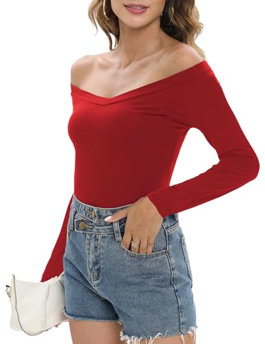Image of Sarin Mathews Womens Shirts Off The Shoulder Tops Sexy V Neck Slim Fit Shirts Tops Blouses