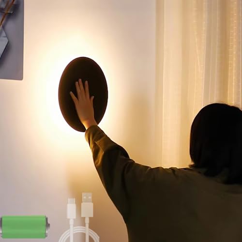 Round Wall Lighting Wall Sconce with Wireless USB Rechargeable Battery Touch Control Wall Lamp Indoor Eye Protecting Wall Sconce for Stairs Corridor Hallway Living Room (Black Warm White,15cm)