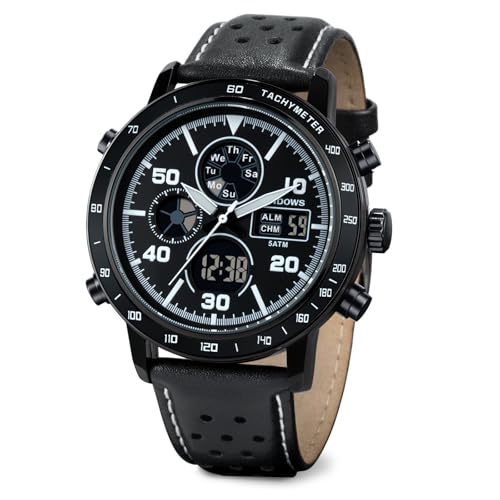 PINDOWS Uhren für Herren, Herren-Armbanduhr, Militär, digital, analog, lässig, Dualzeit, Leder-Armbanduhr, multifunktionale Modeuhr mit LED-Hintergrundbeleuchtung, Alarm, Stoppuhr, Kalender