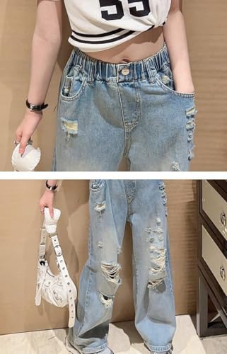 NABER Kids Girls Elastic Waist Cool Ripped Jeans Washed Denim Wide Leg Ripped Denim Jean Age 5-15 Years2